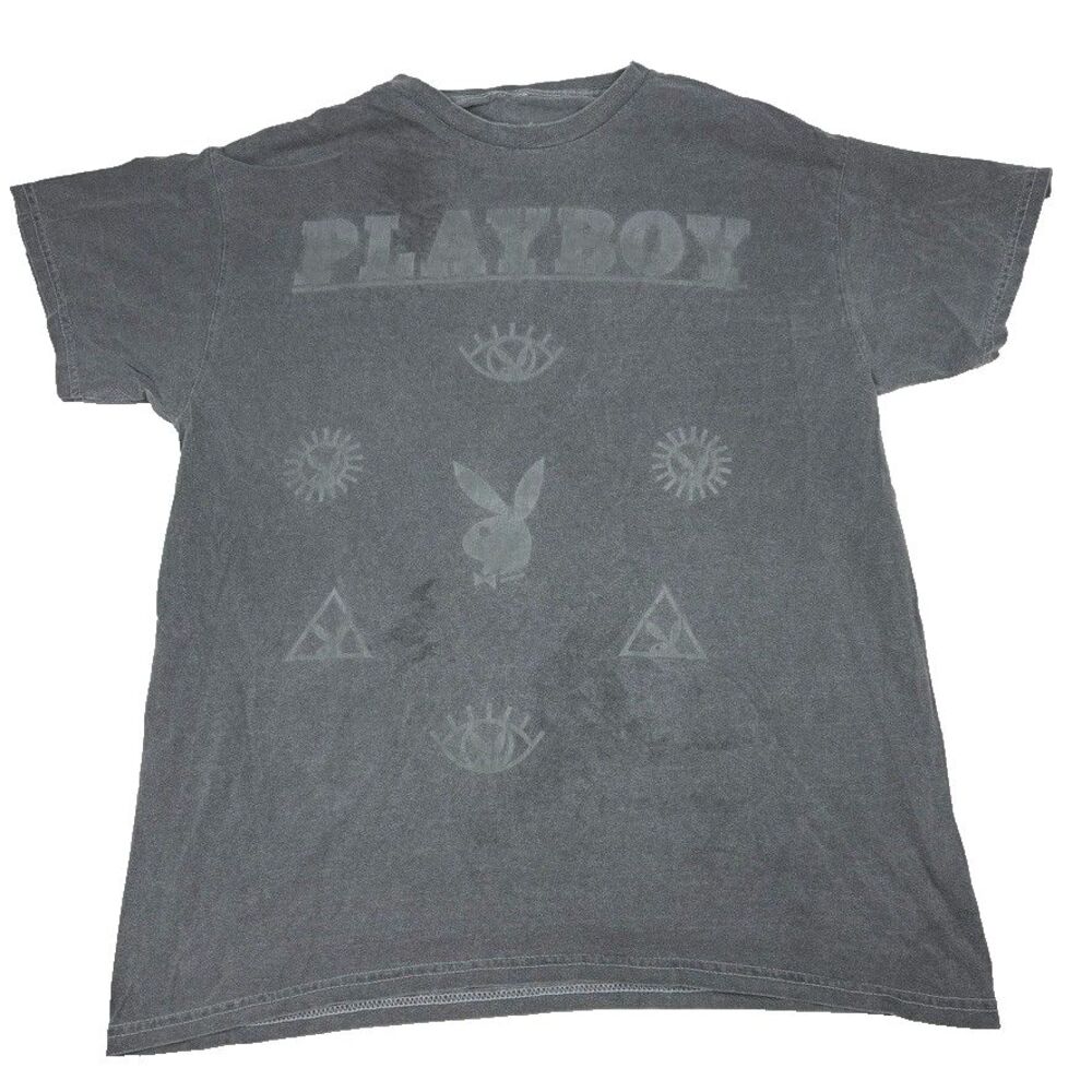 Y2K Playboy Graphic‎ T-Shirt Medium Gray Acid Wash Bunny Evil Eye Sun Stars